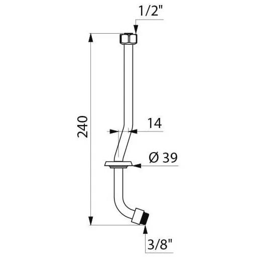 DELABIE piszoár bekötőcső, falon kívüli, 1/2"-3/8", öblítőfejes DELTA r.m. acél piszoárhoz, H=240mm