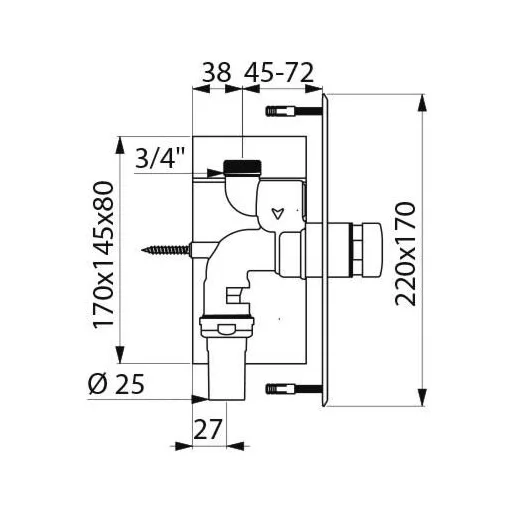 DELABIE TEMPOFLUX 1 beépített nyomógombos WC öblítőszelep szögletes selyem előlappal, 3/4"
