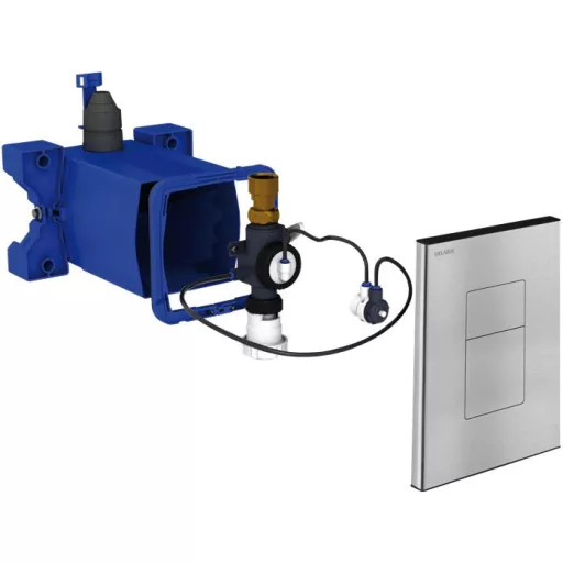 DELABIE TEMPOFLUX 3 blokkolásgátlós WC öblítőszelep előlap 3/6L dual öblítéssel, r.m. acél selyem előlap 162x210mm, kit 2/2