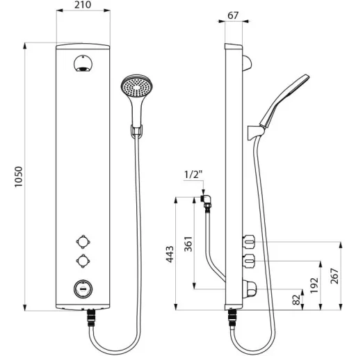 A 792380 dual vezérlésű zuhanypanel műszaki rajza.