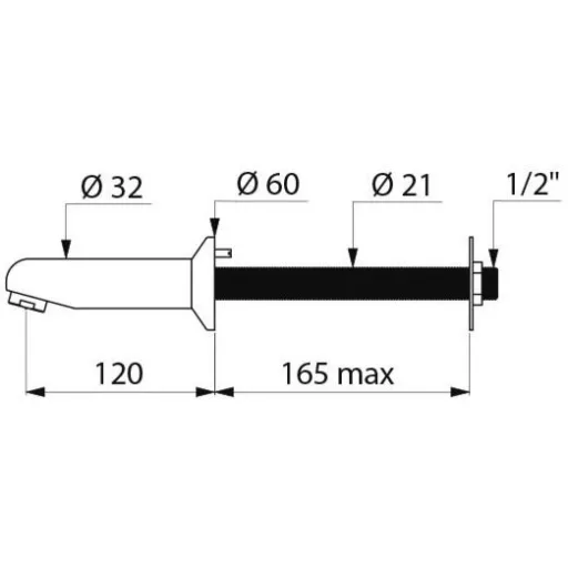 DELABIE kézmosó kifolyó, szervizfolyosós, fal mögötti szereléshez, 120 mm-es kifolyással, fali koronggal