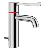   DELABIE SECURITHERM forrázásgátlós álló mosdócsap szekvenciális karral, ívelt kifolyó, H-M víz, H=95mm, leeresztőszerep
