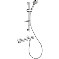   DELABIE SECURITHERM Dual Control falon kívüli termosztatikus zuhanyszett forrázásgátlós hőfok-állítóval és átfolyás-szabályzóval, 9L/p, kézizuhany, szappantartós zuhanyrúd, STOP/CHECK csatlakozók