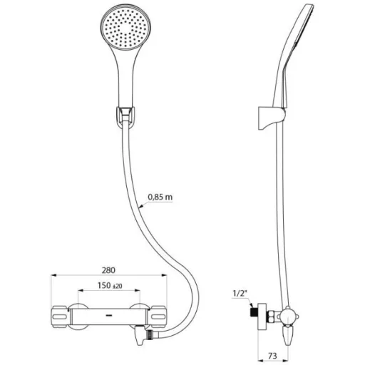 DELABIE SECURITHERM falon kívüli termosztatikus zuhanycsaptelep KIT forrázásgátlós keverővel, automatikus ürítővel, hagyományos M1/2" fali csatlakozással, kézizuhannyal és fix fali zuhanytartóval