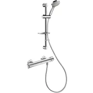   DELABIE SECURITHERM Dual Control falon kívüli termosztatikus zuhanyszett forrázásgátlós hőfok-állítóval és átfolyás-szabályzóval, 9L/p, kézizuhany, szappantartós zuhanyrúd, sima csatlakozók