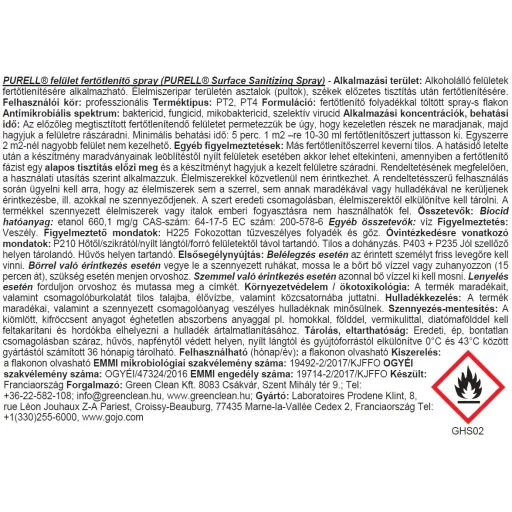 PURELL Surface felület fertőtlenítő spray, élelmiszeripari felhasználásra, 750ml