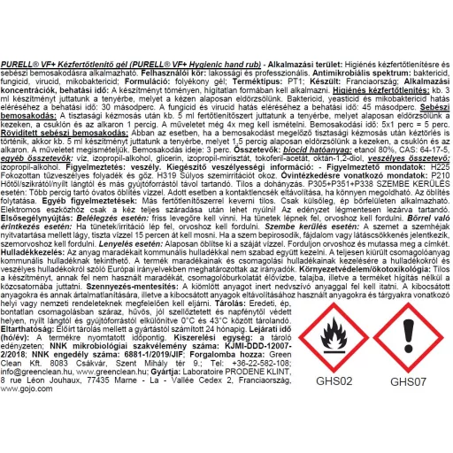 PURELL VF+ erős széles hatásspektrumú, erős virucid hatású kézfertőtlenítő gél asztali pumpás flakon, 500 ml