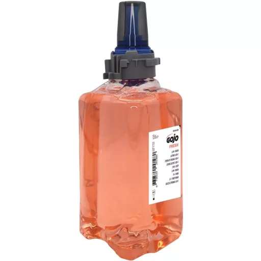 GOJO Fresh 3 az 1-ben tusfürdő, sampon és folyékonyszappan utántöltő patron, gyümölcs illatú, rózsaszín, gél állagú, ADX-12 rendszer, 1250ml