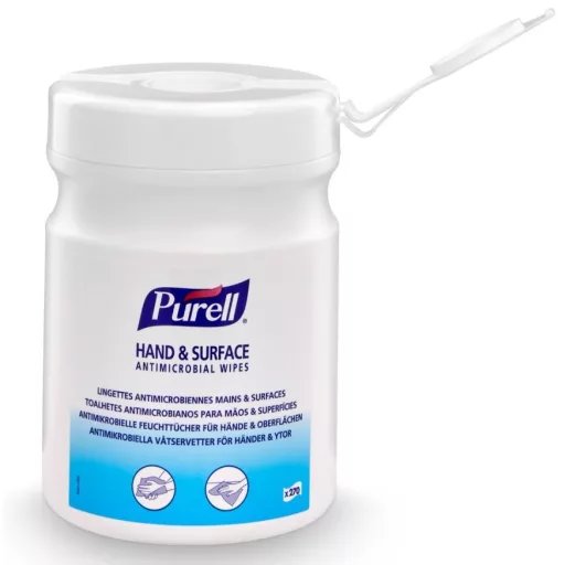 PURELL Hand & Surface Antimicrobial Wipes, 150x170mm kézfertőtlenítő és felületfertőtlenítő kendő, 270db/tégely