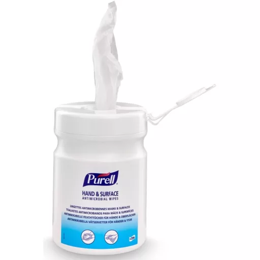 PURELL Hand & Surface Antimicrobial Wipes, 150x170mm kézfertőtlenítő és felületfertőtlenítő kendő, 270db/tégely