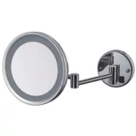   Szállodai kozmetikai pipere tükör LED fénnyel, 3x-os nagyítással, 250 mm átmérőjű dönthető tükörrel, kihajtható, kerek forma, sárgaréz, krómozott fényes borítással