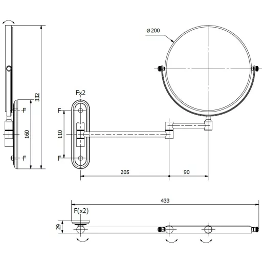 A tükör átmérője 200mm, a termék teljes magassága 332mm.