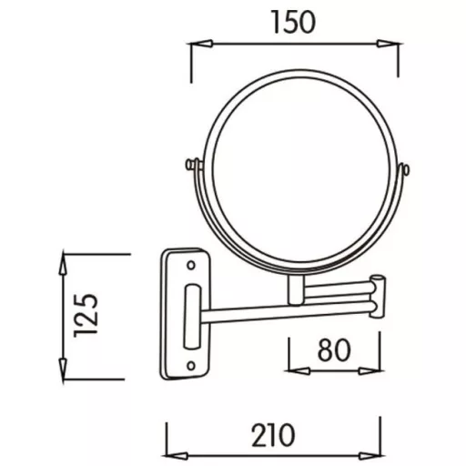 Szállodai kozmetikai pipere tükör 3x-os nagyítással, 150 mm átmérőjű dönthető tükörrel, kihajtható, kerek forma, rozsdamentes acél test, sárgaréz keret krómozott fényes borítással