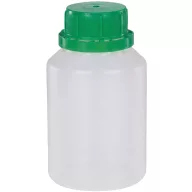   Műanyag flakon kupakkal illatolajokhoz, 30mm széles kiöntőnyílással, 50ml-enként dombornyomással jelölt skálázás, HDPE, 0,25L