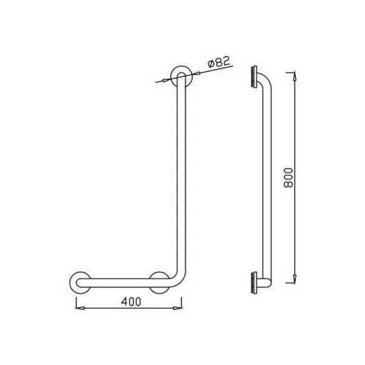 Fordított L-alakú mozgássérült kapaszkodó 400x800mm, balos, szemből nézve a WC jobb oldalára kerül, r.m. acél, selyem