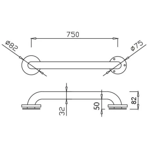750mm egyenes kapaszkodó, D=32mm, 1,5mm falvastagság, r.m. acél, fényes