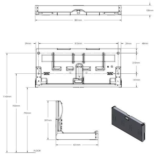 Lehajtva 431mm mély a termék, felhajtott állapotában pedig csak 100mm helyet foglal.