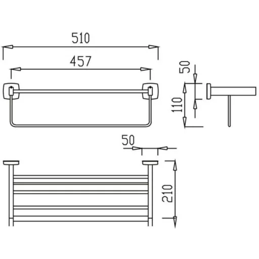 Rácsos törölközőtartó alsó akasztórúddal, 457 mm széles, 210 mm mély, rozsdamentes acél, selyem matt felület, INOX