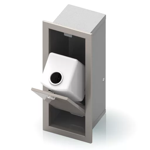 A süllyesztett szappanadagoló nyitott állapotban. benne a szappanadagoló tartállyal.
