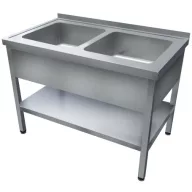   1200mm 2 medencés nagykonyhai mosogató 500x500x300mm medencékkel, lábra állítva, takaróköpennyel, polccal, r.m. acél