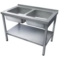   1200mm 2 medencés nagykonyhai mosogató 500x500x300mm medencékkel, lábra állítva, polccal, r.m. acél
