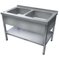   1200mm 2 medencés nagykonyhai mosogató 500x600x300mm medencékkel, lábra állítva, takaróköpennyel, polccal, r.m. acél