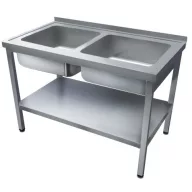   1200mm 2 medencés nagykonyhai mosogató 500x600x300mm medencékkel, lábra állítva, polccal, r.m. acél