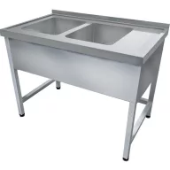   1600mm 2 medencés nagykonyhai mosogató jobb oldali csepegtetővel, 500x400x250mm medencékkel, lábra állítva, takaróköpennyel, r.m. acél