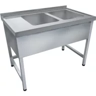   1600mm 2 medencés nagykonyhai mosogató bal oldali csepegtetővel, 500x400x250mm medencékkel, lábra állítva, takaróköpennyel, r.m. acél