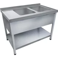   1600mm 2 medencés nagykonyhai mosogató bal oldali csepegtetővel, 500x400x250mm medencékkel, lábra állítva, takaróköpennyel, polccal, r.m. acél