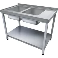   1600mm 2 medencés nagykonyhai mosogató bal oldali csepegtetővel, 500x400x250mm medencékkel, lábra állítva, polccal, r.m. acél