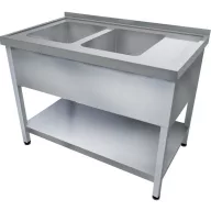   1600mm 2 medencés nagykonyhai mosogató jobb oldali csepegtetővel, 500x500x300mm medencékkel, lábra állítva, takaróköpennyel, polccal, r.m. acél