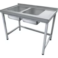   1600mm 2 medencés nagykonyhai mosogató jobb oldali csepegtetővel, 500x500x300mm medencékkel, lábra állítva, r.m. acél