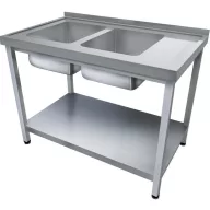   1600mm 2 medencés nagykonyhai mosogató jobb oldali csepegtetővel, 500x500x300mm medencékkel, lábra állítva, polccal, r.m. acél