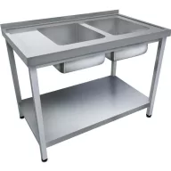   1600mm 2 medencés nagykonyhai mosogató bal oldali csepegtetővel, 500x500x300mm medencékkel, lábra állítva, polccal, r.m. acél