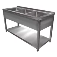   1400mm 3 medencés nagykonyhai mosogató 400x400x250mm medencékkel, lábra állítva, takaróköpennyel, polccal, r.m. acél
