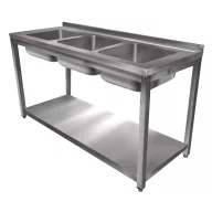   1400mm 3 medencés nagykonyhai mosogató 400x400x250mm medencékkel, lábra állítva, polccal, r.m. acél