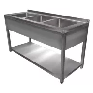   1800mm 3 medencés nagykonyhai mosogató 500x500x300mm medencékkel, lábra állítva, takaróköpennyel, polccal, r.m. acél