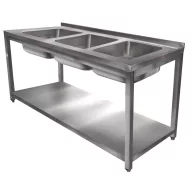   1800mm 3 medencés nagykonyhai mosogató 500x600x300mm medencékkel, lábra állítva, polccal, r.m. acél