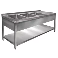   1900mm 3 medencés nagykonyhai mosogató jobb oldali csepegtetővel, 500x400x250mm medencékkel, lábra állítva, takaróköpennyel, polccal, r.m. acél