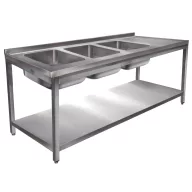   1900mm 3 medencés nagykonyhai mosogató jobb oldali csepegtetővel, 500x400x250mm medencékkel, lábra állítva, polccal, r.m. acél