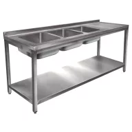  2400mm 3 medencés nagykonyhai mosogató jobb oldali csepegtetővel, 500x500x300mm medencékkel, lábra állítva, polccal, r.m. acél