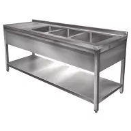   2400mm 3 medencés nagykonyhai mosogató bal oldali csepegtetővel, 500x500x300mm medencékkel, lábra állítva, takaróköpennyel, polccal, r.m. acél