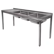   2400mm 3 medencés nagykonyhai mosogató bal oldali csepegtetővel, 500x500x300mm medencékkel, lábra állítva, r.m. acél