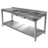   2400mm 3 medencés nagykonyhai mosogató bal oldali csepegtetővel, 500x500x300mm medencékkel, lábra állítva, polccal, r.m. acél