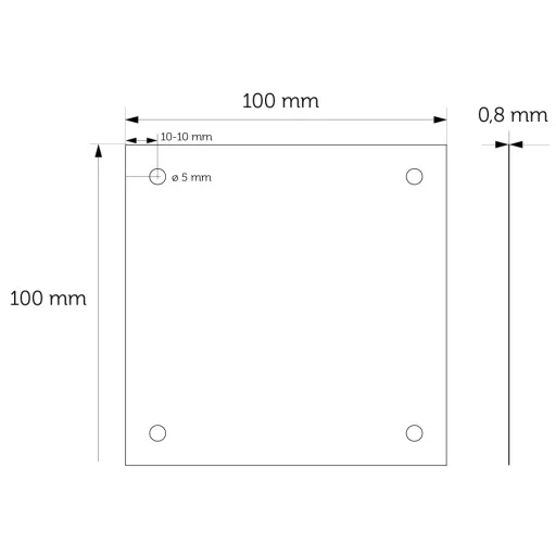 A furatolt 100x100mm-es kompakt rozsdamentes acél tükörlap méretezett ábrája.