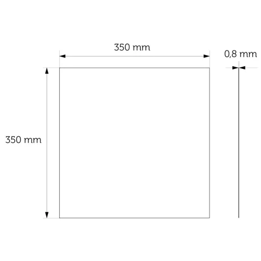 350x350mm-es kóracél tükörlap méretezett rajza.