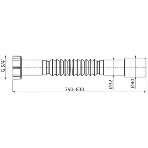 5/4"-os flexibilis műanyag szennyvíz-elvezetőcső, bekötőcső 32/40 mm csatlakozással, kihúzható 390-830 mm hossz, tömítéssel, polipropilén, fehér