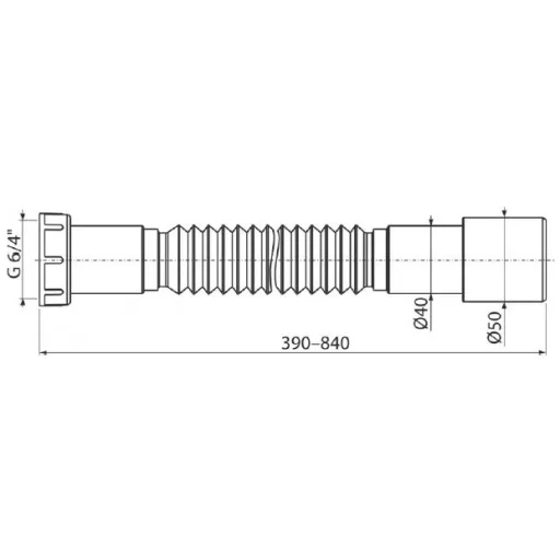6/4"-os flexibilis műanyag szennyvíz-elvezetőcső, bekötőcső 40/50 mm csatlakozással, kihúzható 390-840 mm hossz, tömítéssel, polipropilén, fehér