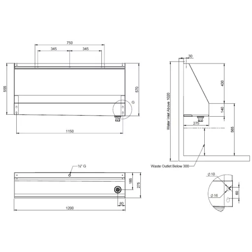 Vandálbiztos piszoár vályú, fali rögzítésű, 2 személyes, r.m. acél, selyem, 1,2 mm falvastagság, 1200 mm